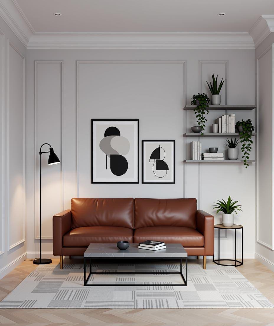 Classic sofa styling with balanced details and refined wall treatment.